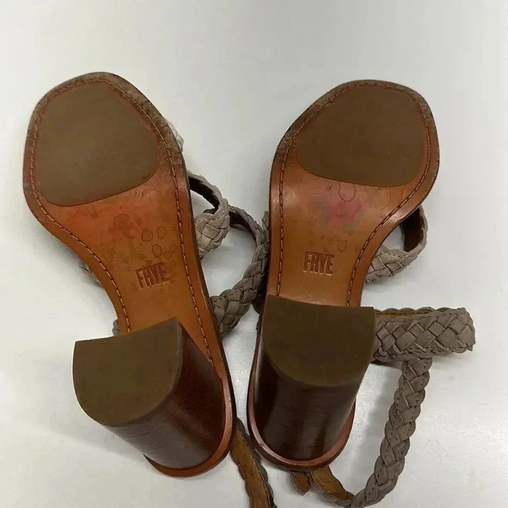 Frye Amy Braided High Heel Open Toe Sandals Shoes in Camel Multi Color Size 6.5